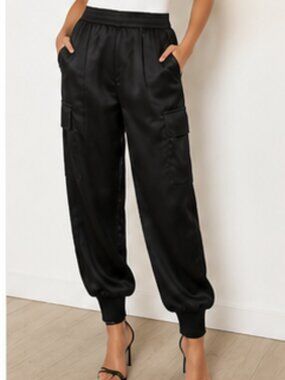 Cinq à Sept Giles Black Cupro Satin Cargo Jogger Pants NWT Size S